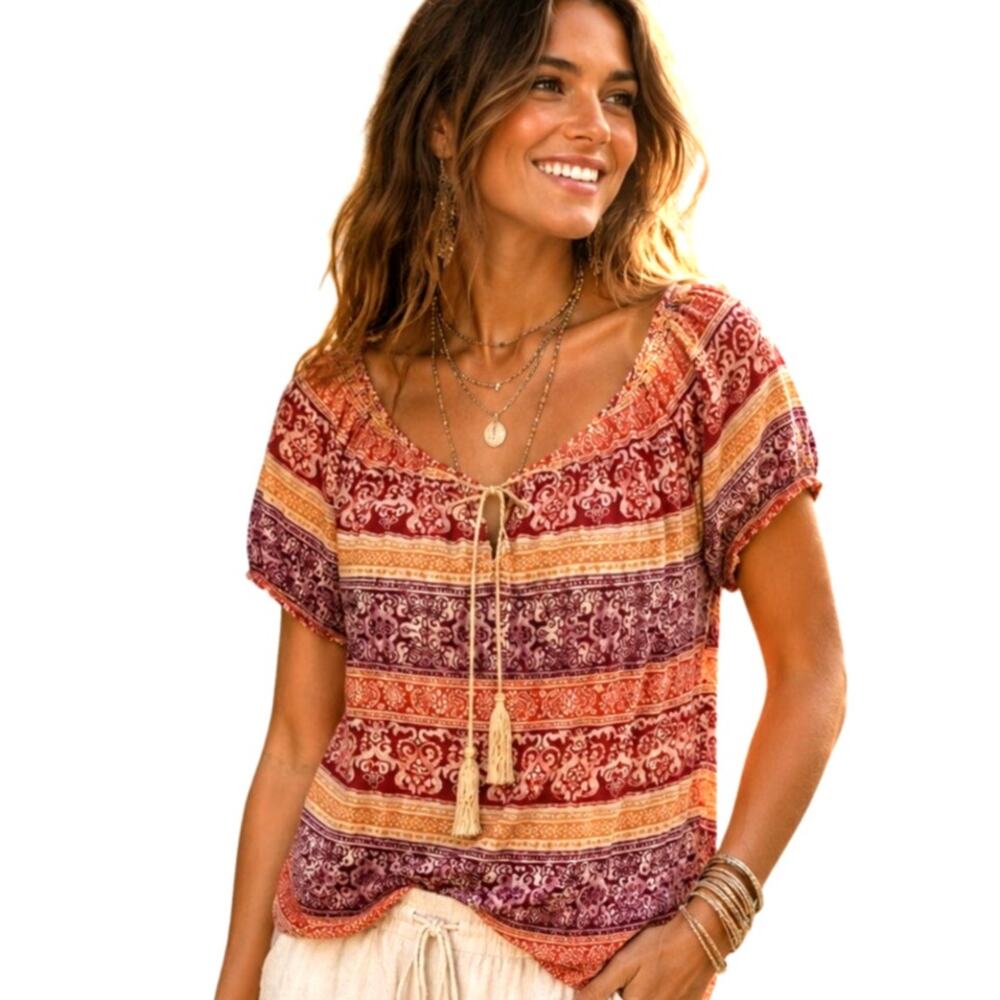 Lucky Brand Peasant Top Womens Medium Mixed Mediterranean Prints Tassels Boho